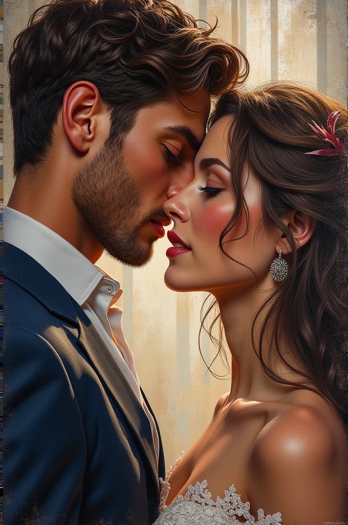 A pair of star-crossed lovers, their passion evident in every lingering touch and tender gaze. A stunning painting captures the essence of their bond, with vivid colors and intricate brushstrokes bringing their relationship to life. The couple's features are portrayed with exquisite detail, from the gentle curve of their lips to the sparkle in their eyes. The overall composition exudes a sense of heartfelt connection and intimacy, making it a truly captivating work of art.
