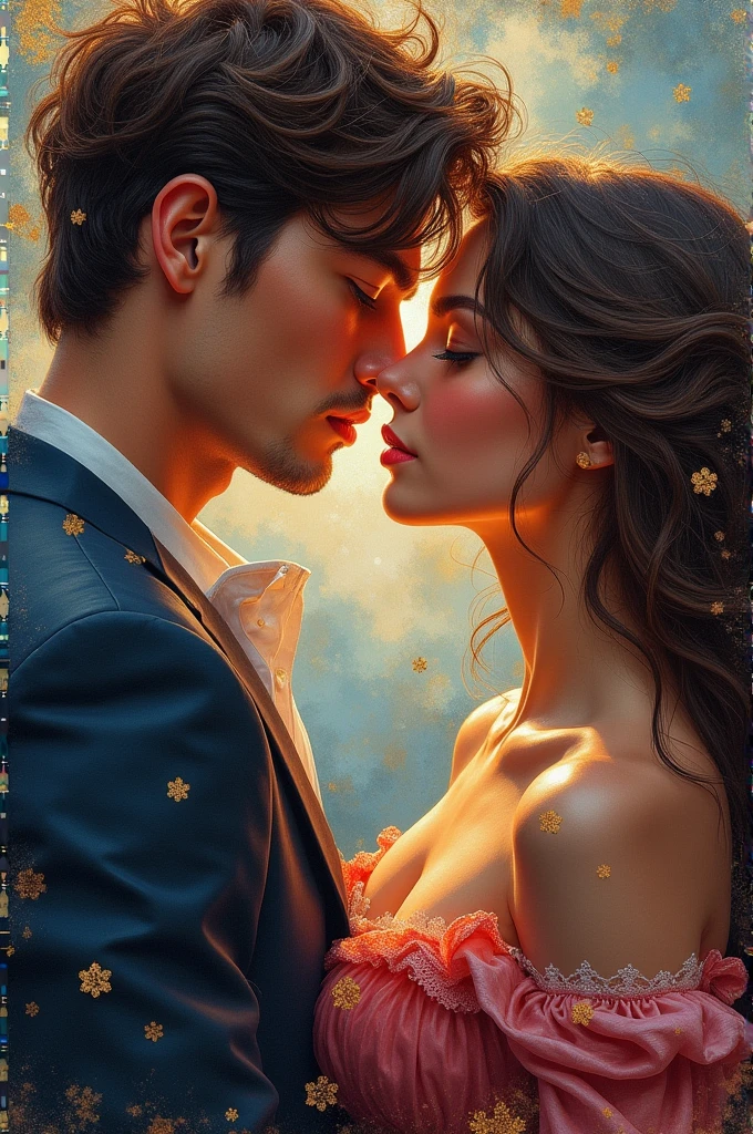 A pair of star-crossed lovers, their passion evident in every lingering touch and tender gaze. A stunning painting captures the essence of their bond, with vivid colors and intricate brushstrokes bringing their relationship to life. The couple's features are portrayed with exquisite detail, from the gentle curve of their lips to the sparkle in their eyes. The overall composition exudes a sense of heartfelt connection and intimacy, making it a truly captivating work of art.