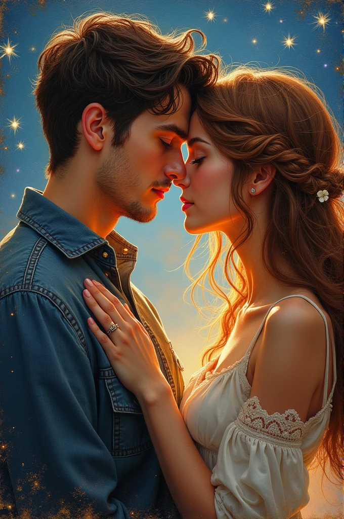 A pair of star-crossed lovers, their passion evident in every lingering touch and tender gaze. A stunning painting captures the essence of their bond, with vivid colors and intricate brushstrokes bringing their relationship to life. The couple's features are portrayed with exquisite detail, from the gentle curve of their lips to the sparkle in their eyes. The overall composition exudes a sense of heartfelt connection and intimacy, making it a truly captivating work of art.