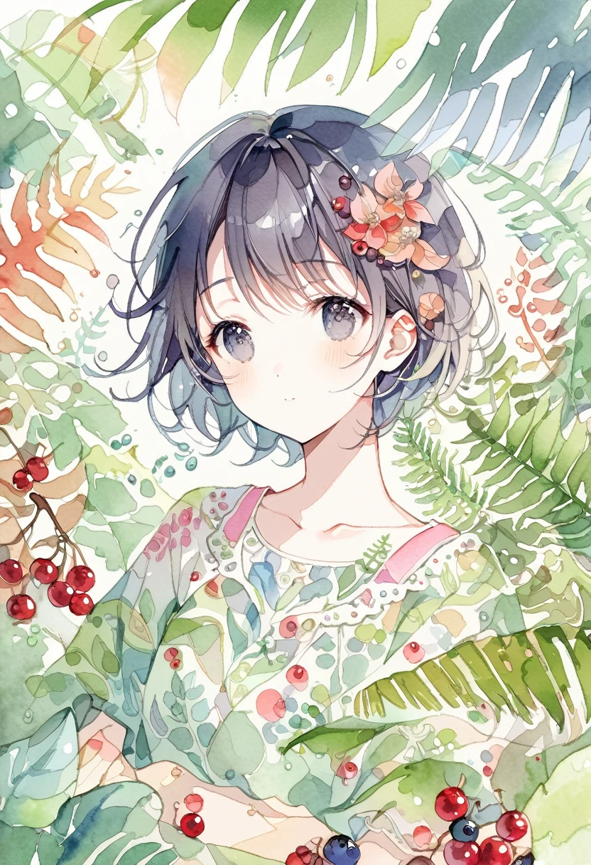 ((super detailed)beautiful flowers, berries, ferns, leaves, watercolor pattern of calming colors)(watercolor texture)(1girl, short hair, cute)