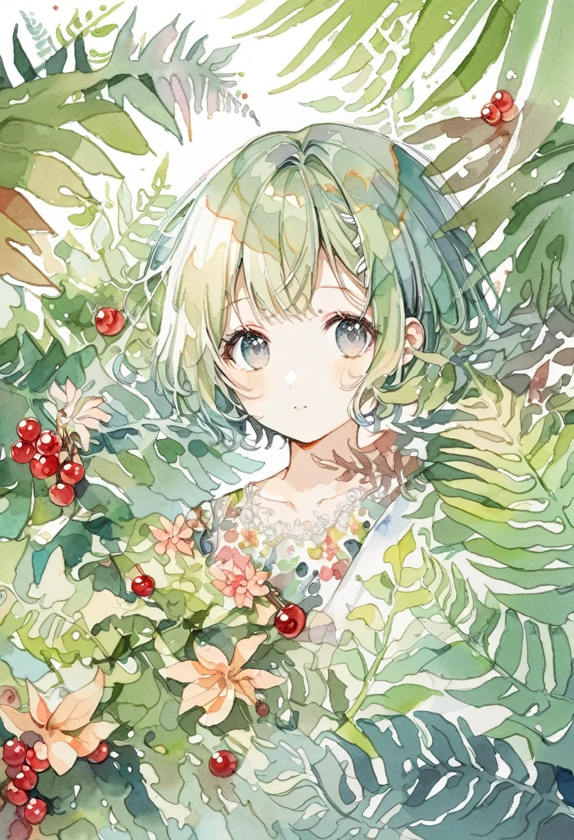 ((super detailed)beautiful flowers, berries, ferns, leaves, watercolor pattern of calming colors)(watercolor texture)(1girl, short hair, cute)