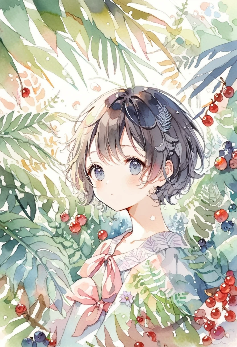 ((super detailed)beautiful flowers, berries, ferns, leaves, watercolor pattern of calming colors)(watercolor texture)(1girl, short hair, cute)