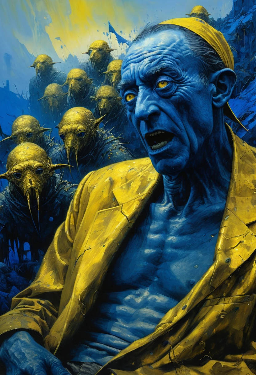 Crazy dream on wasteland beyond fantasy, exploiting a new world coming into his eyes, metallic golden yellow, horror movie scene, dark blue and light yellow, blue and yellow, royal blue and golden yellow, 4D, 8K, photorealistic, dreamlike, fantastic creatures on big and complex composition, masterpiece, artwork by Hieronymous Bosch, artwork by Jeremy Mann, artwork by Beksinski, artwork by Bernie Wrightson, artwork by René Magrite, Surrealism, Impressionism