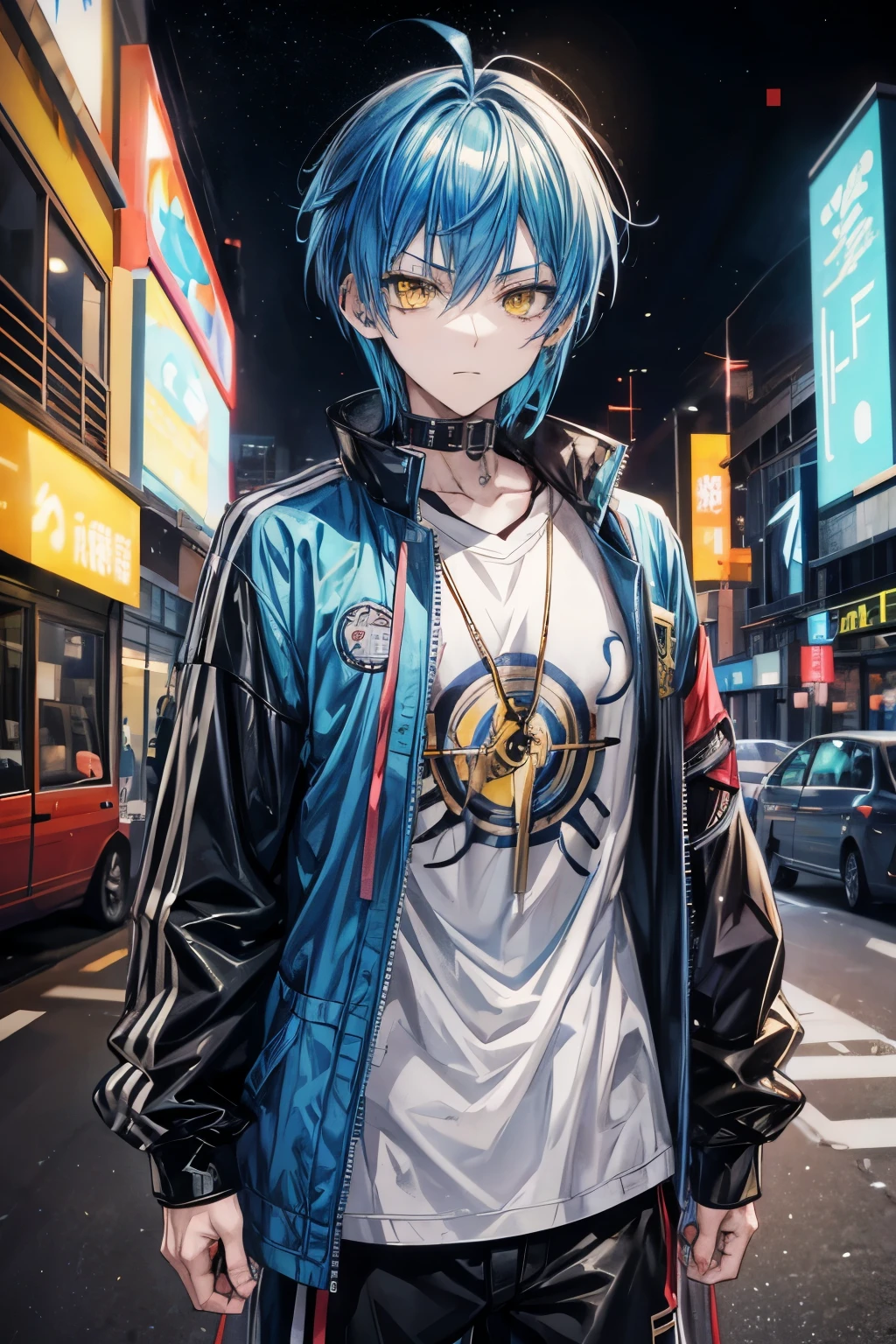 anime character, male, teenager, yellow eyes, anime style, casual clothes, blue haired, one character, techwear, short-haired with face tattoos, poker face