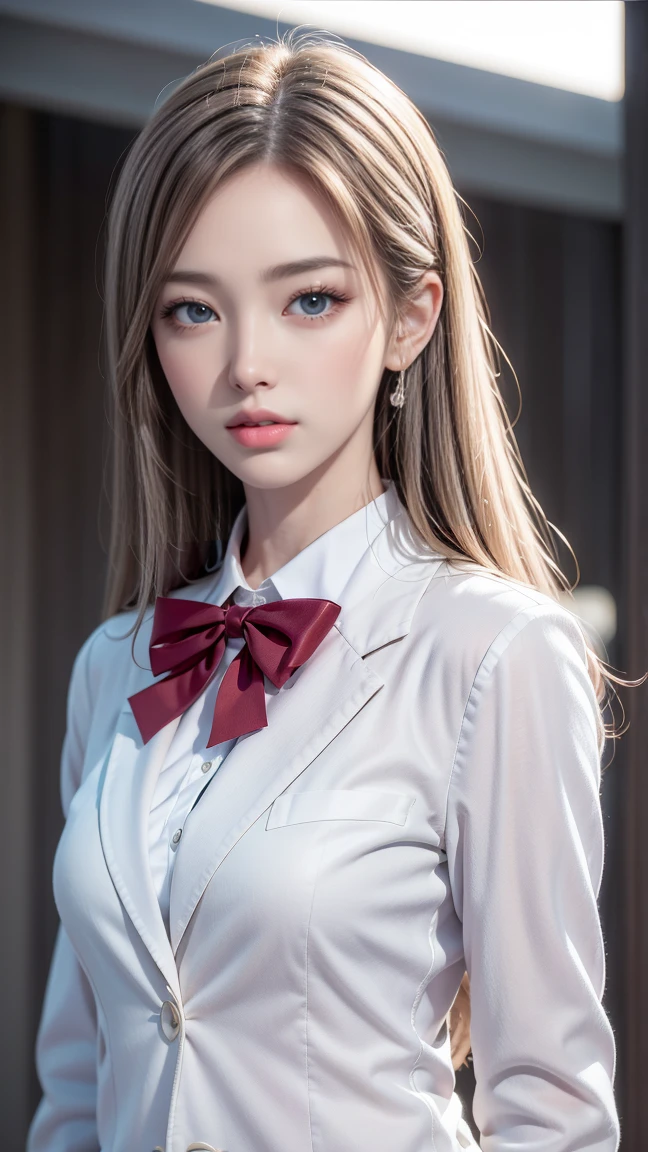The highest quality of work，actual work，Ultra-premium graphics，8K HD CG 작동，High-quality graphics，고화질 CG Work，10x Pixel，very fine details：1.1，Advanced technical details：1.1 realistic，(階段に足を組んで座っているgirl)natural light：1.5. lighting effects（virtual lighting effects：1.8），濡れた長いsilver hair，silver hair，transparent hair，Hair that pays attention to detail（Premium hair details：1.1）clear eyes，Your double eyelids are pretty，Sharp eye makeup, Delicate eyelash makeup, thin eyebrows, very detailed eyes，high nose, I like red lips, rose cheek, A face with delicate makeup , Cute face, perfectly balanced face,（Advanced facial details：1.1），shining，very coolドレス，bright red series，((front open wet white blazer)) 、(Translucent wet white blouse)、(red bowtie)、(wet check skirt)、、girl 、Photo shoot，female&#39;Work，full body portrait，realism，very cool，My eyes are sparkling again today、(8. she&#39;It&#39;s wet)),(sudden rain、wind),(windでスカートが舞い上がる),(I can see your pants)、