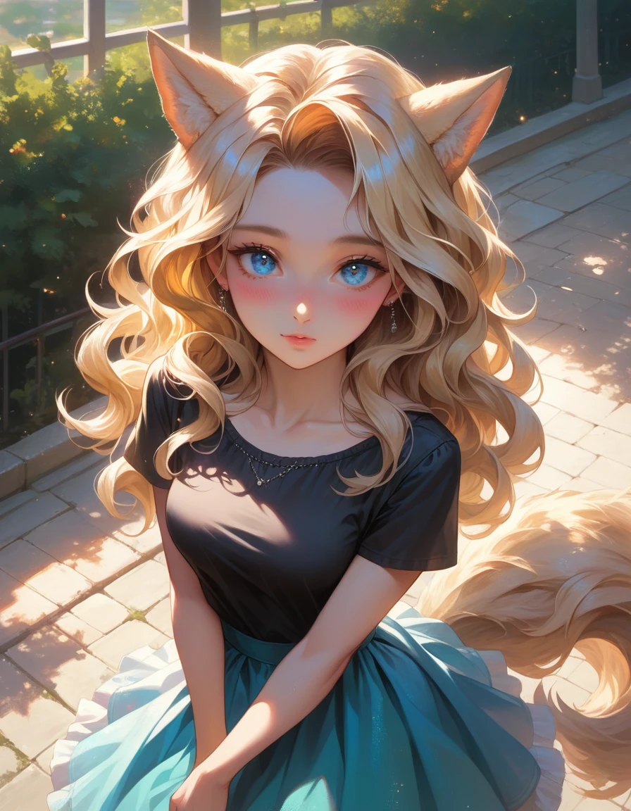 masterpiece, best quality, wolf girl, elegant, 1girl, wolf ears, wolf tail, cute, blushed, looking at viewer, from above, blonde wavy hair, mini skirt, white and black striped T-shirt, blue eyes, beautiful eyes, beautiful background, light particles, sun rays, dramatic lighting, outside, shiny, realistic, masterpiece, best quality, ultra-detailed, detailed, scenery, beautiful detailed eyes, detailed hair