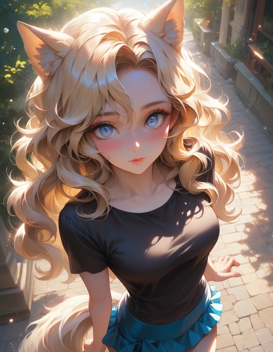 masterpiece, best quality, wolf girl, elegant, 1girl, wolf ears, wolf tail, cute, blushed, looking at viewer, from above, blonde wavy hair, mini skirt, white and black striped T-shirt, blue eyes, beautiful eyes, beautiful background, light particles, sun rays, dramatic lighting, outside, shiny, realistic, masterpiece, best quality, ultra-detailed, detailed, scenery, beautiful detailed eyes, detailed hair