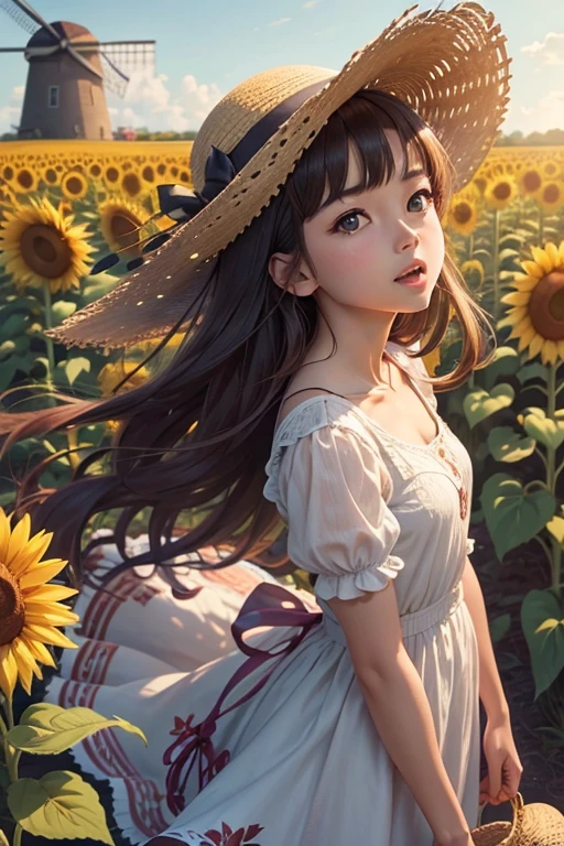 anime style, super fine illustration, highly detailed, dynamic angle, beautiful detailed, 8k, On a summer afternoon, under the strong sunlight, BREAK a girl stands in a sunflower field, eyes sparkling with amazement, her mouth open in awe. She is wearing a straw hat. BREAK A windmill stands in the background, and a breeze blows through, feeling pleasant.