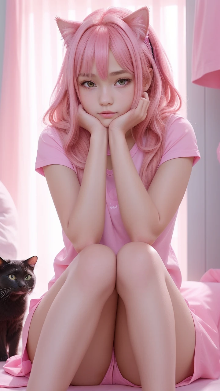 a gorgeous 12 year-old girl wearing a pink shirt, straight pink hair with cat ears, extremely detailed, 8k high quality detailed art, high detailed official artwork