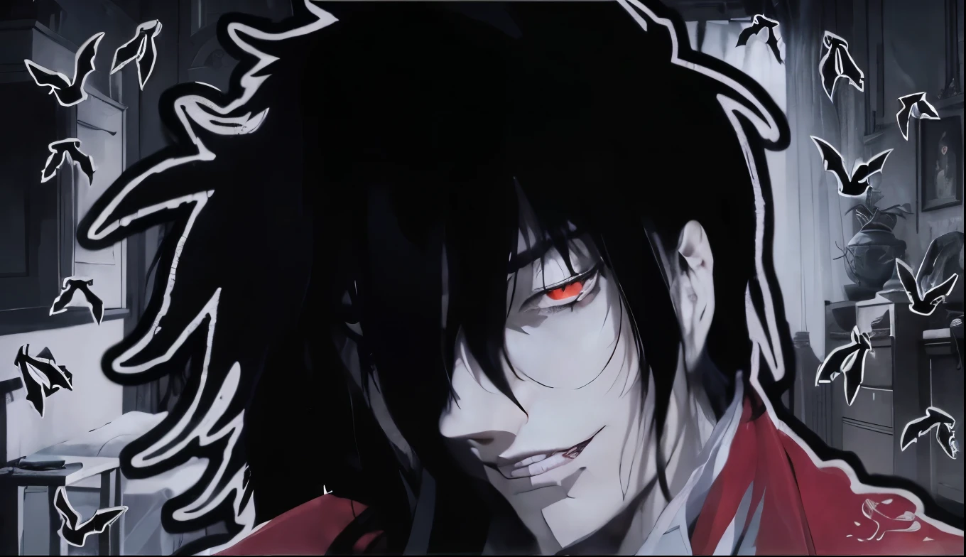 Alucard, vampire, long dark hair, bats flying around, dramatic lighting, gothic castle, moody atmosphere, cinematic composition, dramatic pose, ominous clouds, (best quality,4k,8k,highres,masterpiece:1.2),ultra-detailed,(realistic,photorealistic,photo-realistic:1.37)