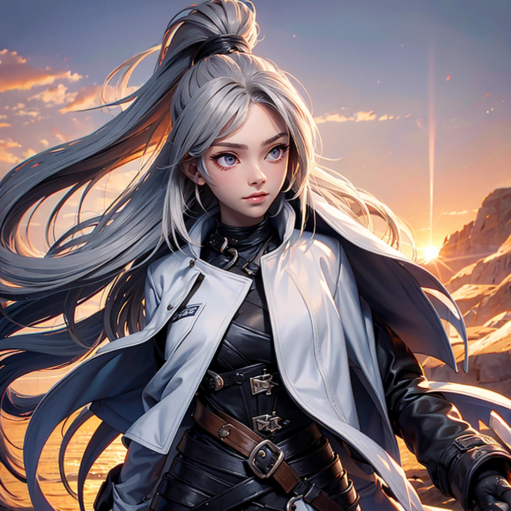 Woman, ponytail, chestnut hair. Silver eyes. Sunlight at dawn. jacket.