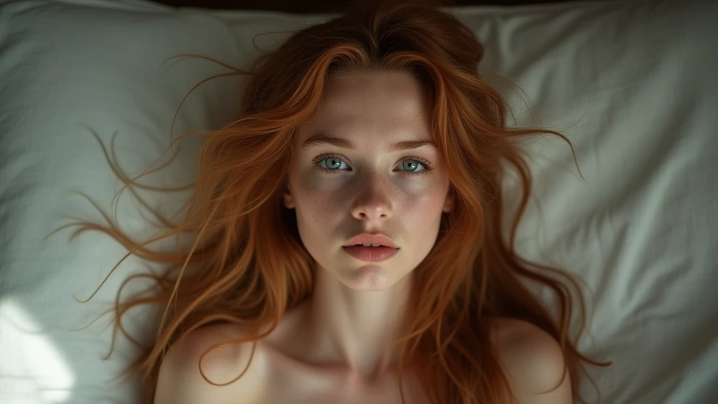 28 year old red head ginger girl, laying on a bed with her head on a pillow, slender, pale white skin, green eyes, camera man having a above view of her face, looking at the camera with a orgasmic look