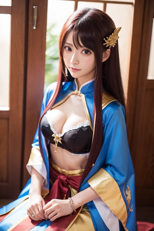 Koihime Musou's Heshin、ponytail、Asymmetry of bangs、Large breasts and cleavage、Highly detailed face and skin texture、Looking into the camera、Xianxia Hero、Chinese Warrior、Perfect beauty: 1.4、fine grain、double eyelid、Whitening skin、Highest quality、Ultra-high resolution