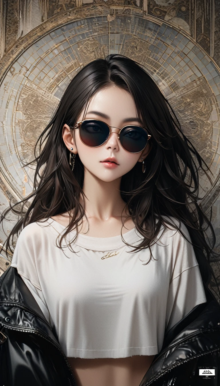 (masterpiece, Highest quality:1.2), Realistic, (Face shape: Surface Length Contours), (eye: Sharp eye, Cold Stare, eye make up), (nose: The nose muscles are thin and small in size.), (mouth: Neutral lips, Bright red lips), (skin: Transparent white skin, cheek), (shape: Small waist, Thigh Gap, Small breasts), (Overall impression: Korean young woman), (hair: Perm, short hair), ((Clothes: See-through blouse, Earrings, sunglasses)), ((Black background)), Strike a Pose
