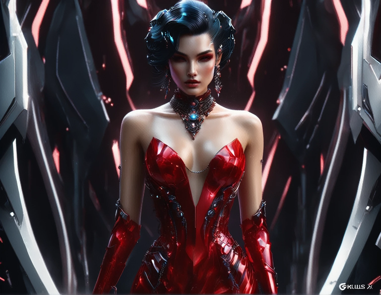 arafed woman in a red dress with a necklace and earrings, seductive cyberpunk dark fantasy, trendin on artstation, cyberpunk angry gorgeous goddess, fashionable futuristic woman, trending on artstation 4k, 3 d render character art 8 k, portrait of a cyborg queen, alexandra fomina artstation, cgsociety contest winner!!, deviantart artstation cgscosiety