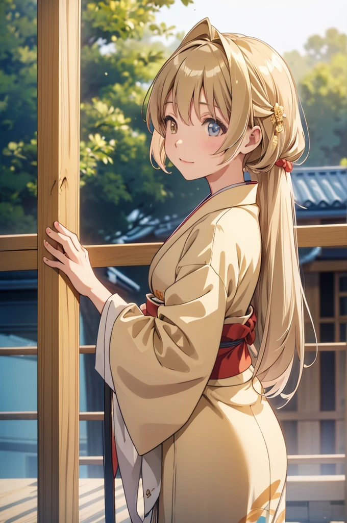 Takanashi hoshino kimono in the morning outdoor  beige colored hair, long hair 