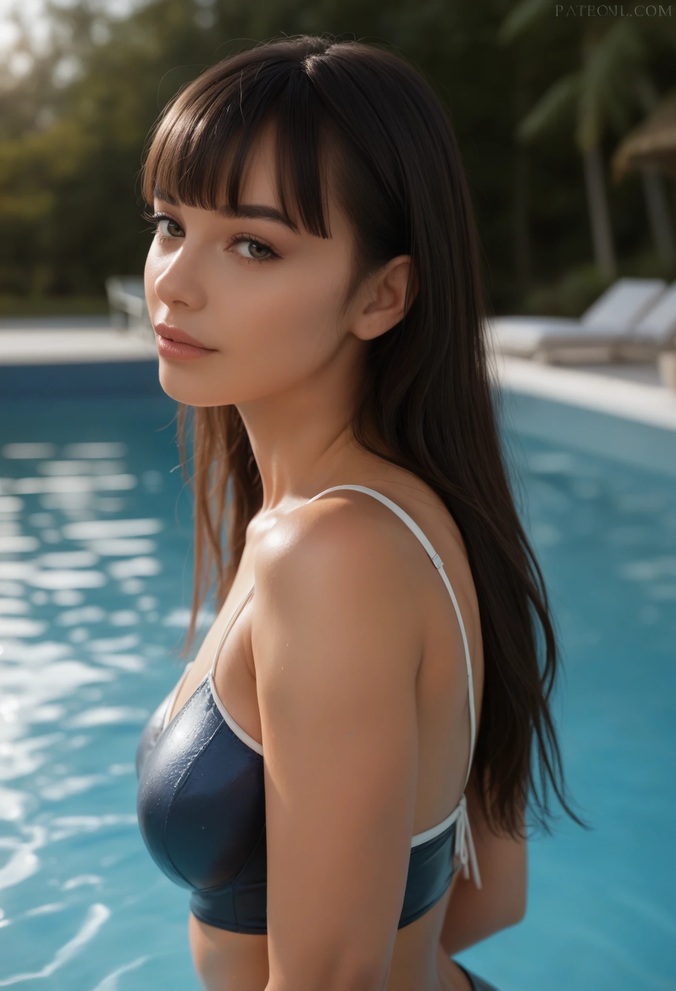 score_9, score_8_up, score_7_up, A beautiful Mexican girl with long hair, 18yo, waist-high portrait from side, natural skin texture, high nose, beautiful eyebrows, blunt bangs, detailed facial features, wearing futuristic swimming suit, complex composition, high resolution, ultra-detailed, sharp focus, 4k textures, photorealistic, warm colors, natural lighting, magical realism style, intricate background, (Yua Yaiba:1.0), beautiful large hips, beautiful back, moist skin texture, no makeup, dark circles, toned body, in the pool, Coquettish, sexy
