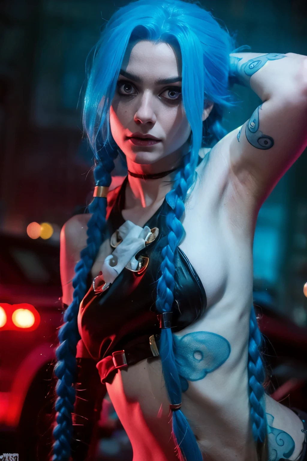 Close-up face. Hyper realistic super detailed Jinx cosplay , ((********** girl, ************)) , Very detailed, (hyper realistic: 1.4), in dynamic pose, (((angry face))) , twin braids, long hair, blue hair, ( red eyes) , ((tattooed arm)) , (((angry face))), arcane style. ((Cinematic explosion background, cinematic lighting)).