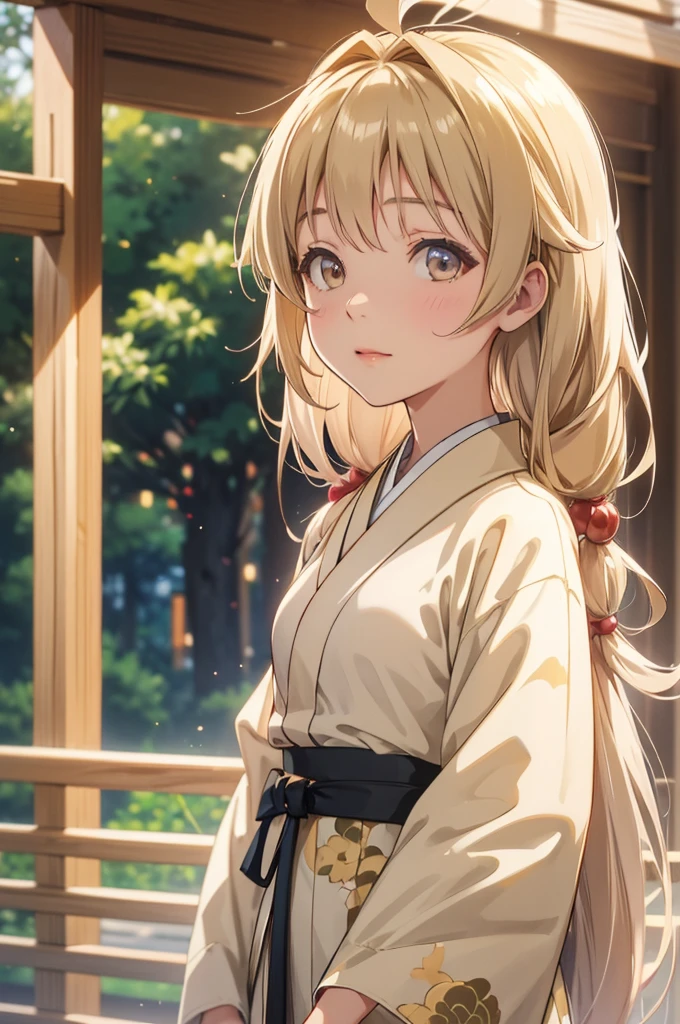 Takanashi hoshino kimono in the morning outdoor  beige colored hair, long hair 