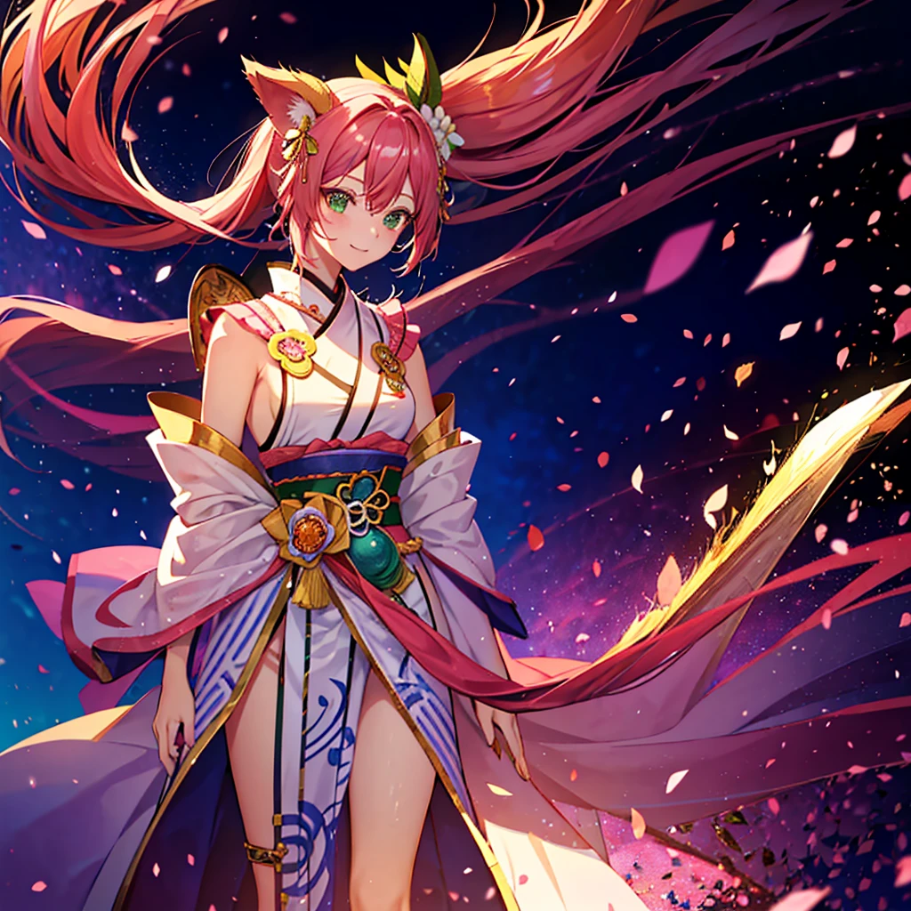 Illustration of a female version of Momotaro。Characters「peach」Named、Has pink hair and emerald green eyes。She is wearing a samurai-style outfit with a peach motif.、He is lightly gripping his sword.。The costumes are based on pink and white.、With gold embroidery。The hair ornament is in the shape of a peach blossom.、She has a peach-shaped pouch on her waist.。She smiled confidently.、His eyes are fixed sharply ahead.。The background is a blue sky and a green field.、Onigashima Island can be seen in the distance。At her side is her faithful Shiba Inu、Active monkey、There is a pheasant with beautiful iridescent feathers.。peachは左手を腰に当て、Standing facing forward。
As a visual effect、peachの周りに力強いオーラを描き、Her aura is pink and gold.、Make it look like there's energy all around you。The wind is blowing in the background、Add the appearance of grass swaying in the grassland。Lightning flashes in the sky、Thunder rumbles in the sky above Onigashima.。Give the whole scene more power and impact.、The overall look will be colorful and stylish.。
Pastel colors are used extensively in the costumes and backgrounds.、Use bright, pop colors。peachの髪や衣装には虹色の反射を加え、Add more glamour to characters and scenes。Also、Sharpen the boundary between the character and the background、Create a unified and stylish visual