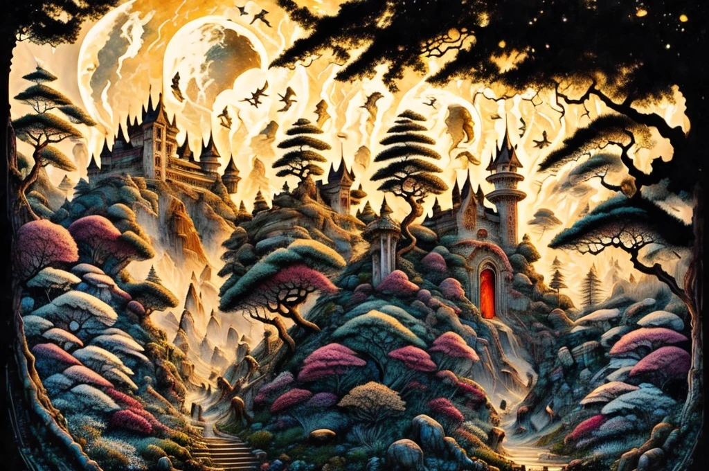 Castle in a magical wasteland with dragons and giant trees 