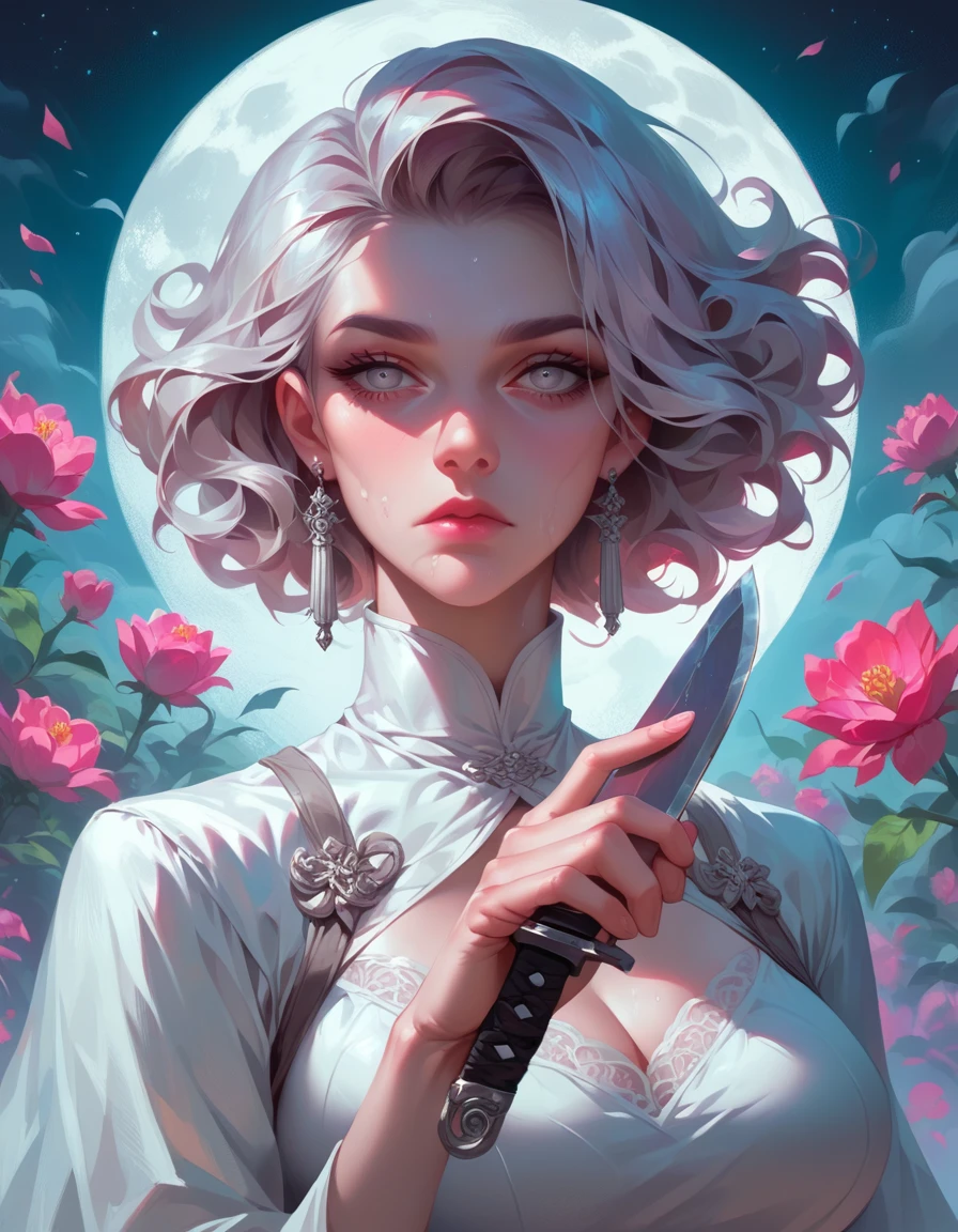 Masterpiece, Superb Girl, Night Moon Full Moon, 1 Female, Mature Woman, Sister, Royal Sister, Cold Face, Expressionless, Silver-White Long-Haired Woman, Light Pink Lips, Calm, Intellectual, Three-banded Gray Eyes, Assassin Short Knife, Flower Ball Background, Hand Details, Finger Details, Facial Details, Eye Details,