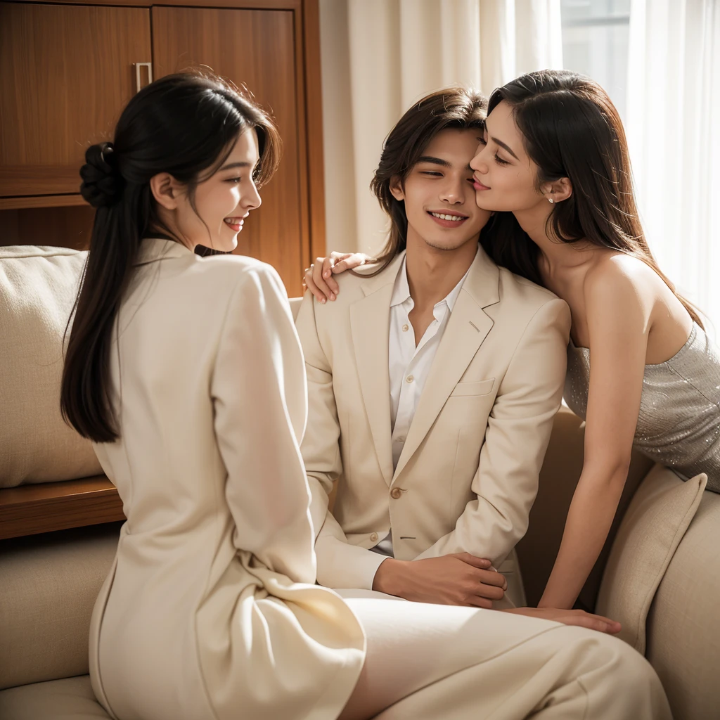 A 20-year-old Brazilian man, attractive and personable, in a well-lit room. He wears elegant business attire, that enhances your style and confidence. Next to you, a woman smiles as he kisses her, capturing a moment of affection and happiness between the two. The environment is welcoming, reflecting a relaxed and intimate atmosphere.