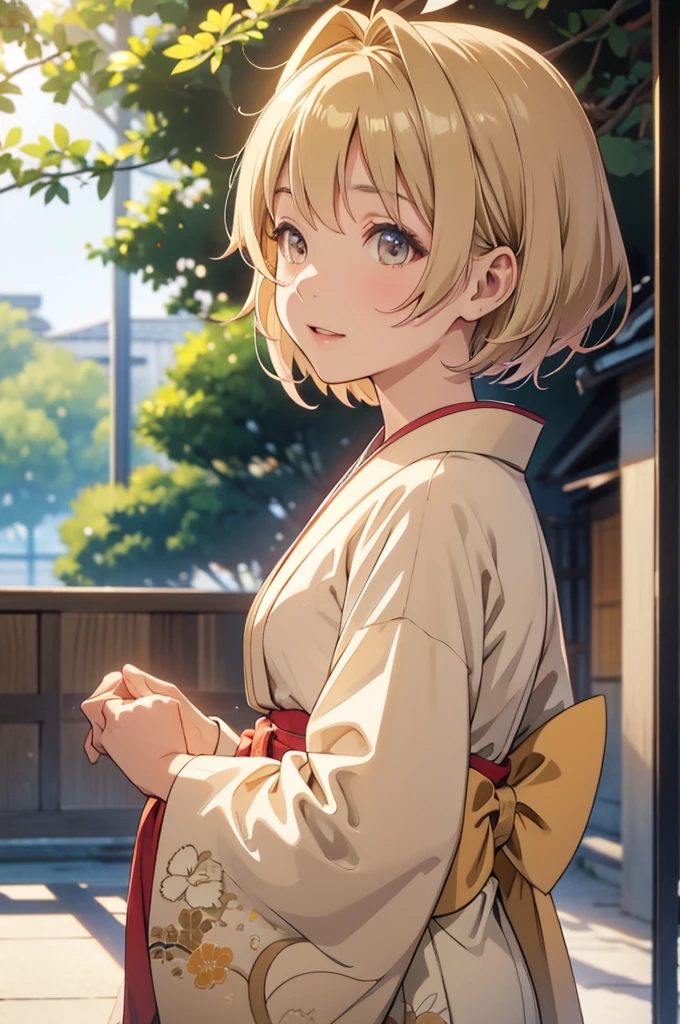 Takanashi hoshino kimono in the morning outdoor  beige colored hair, short hair