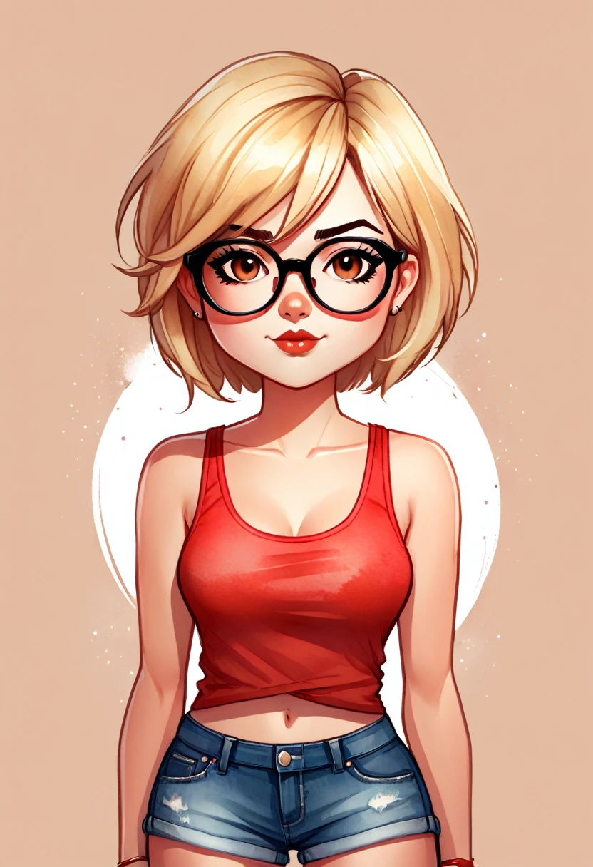 Chibi .A cartoon style watercolor illustration of female character. Brazilian woman with short blonde hair and glasses on her face. She is wearing a red tank top and denim shorts. She has confident possession and positions herself better quality. HD illustration,8k,vector art. by Charlie Bowater and amy sol