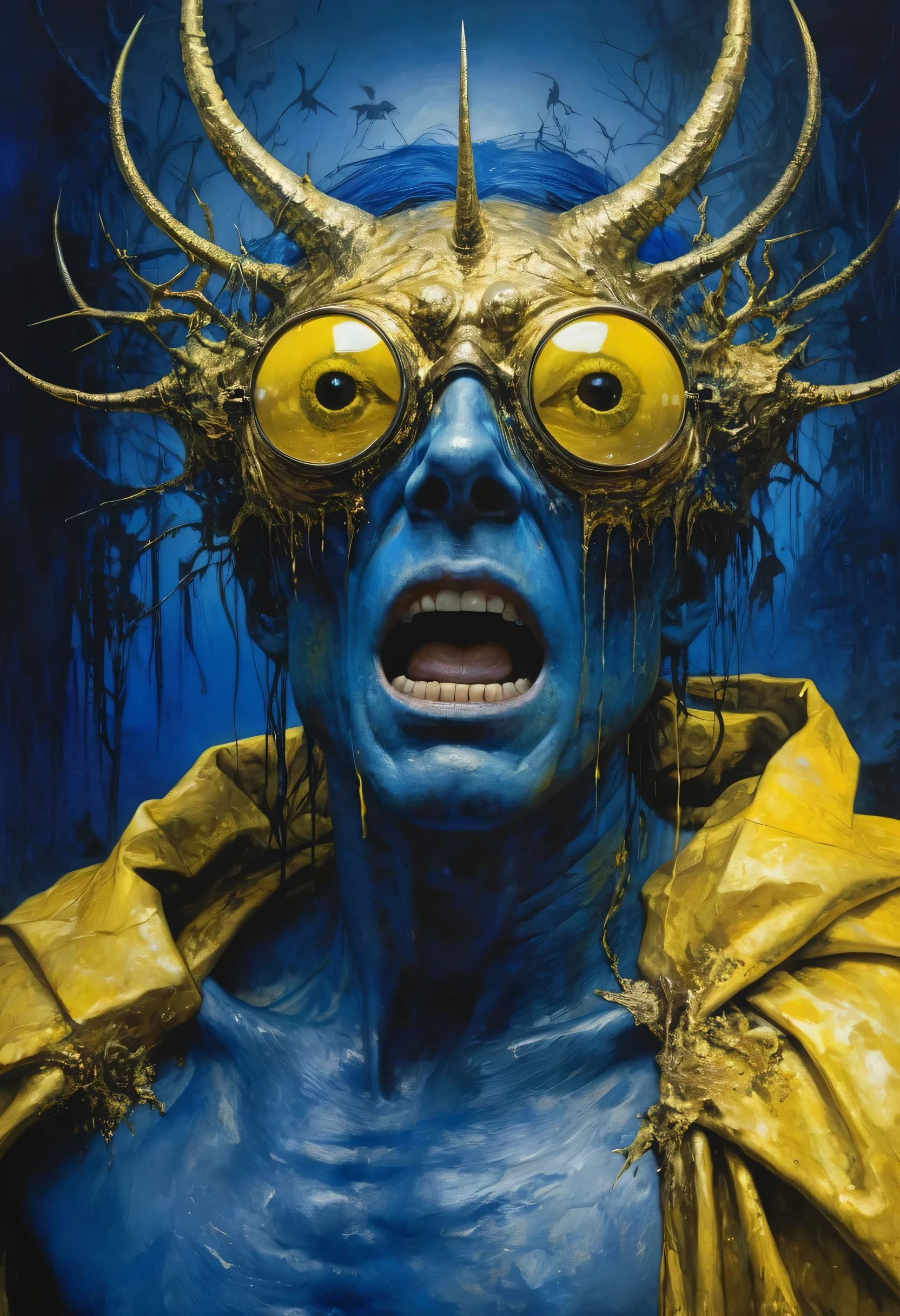 Crazy dream beyond fantasy, exploiting a new world coming into his eyes, metallic golden yellow, horror movie scene, dark blue and light yellow, blue and yellow, royal blue and golden yellow, 4D, 8K, photorealistic, dreamlike, fantastic creatures on big and complex composition, masterpiece, artwork by Hieronymous Bosch, artwork by Jeremy Mann, artwork by Beksinski, artwork by Bernie Wrightson, artwork by René Magrite, Surrealism, Impressionism