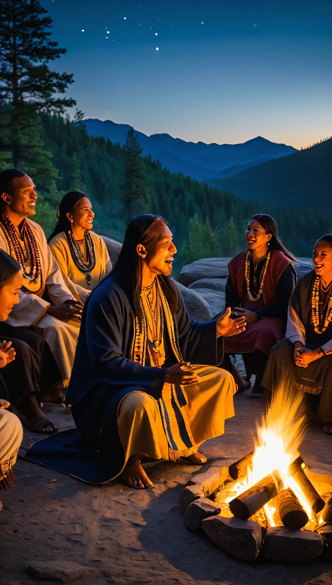 The image shows a shaman holding a tambourine and singing at a microphone in front of a campfire, around which a group of 15 people in traditional Native American dress are seated. The people, seated on blue blankets, are engaged in conversation and enjoying the atmosphere. A shaman in a long robe leads the group using his power and spiritual energy. The campfire is set up on a rocky bank, with mountains and river visible in the background. The sky is sprinkled with stars and the sun shines in the upper right corner, creating a beautiful orange-yellow glow. You can feel the presence of spirits in the air, and the atmosphere is imbued with a sense of enlightenment and happiness. The overall mood of the scene is peaceful and calming.
