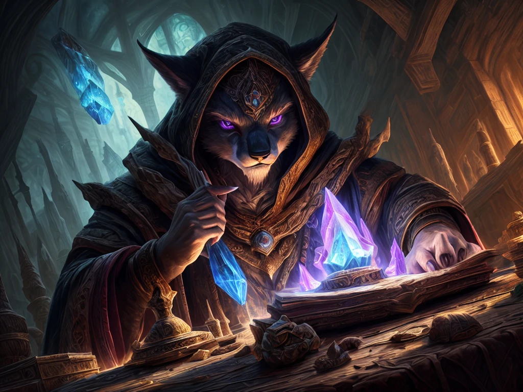 high details, best quality, 8k, [ultra detailed], masterpiece, best quality, (extremely detailed), dynamic angle, ultra wide shot, photorealistic, RAW, fantasy art, dnd art, fantasy art, realistic art, a wide angle view wallpaper of a wizard (intense details, Masterpiece, best quality: 1.5) looking into her [[cell phone]] (intense details, Masterpiece, best quality: 1.5), blue magical energy from the cell phone, V0id3nergy, (intense details, Masterpiece, best quality: 1.5) there is a crystal ball on the table, feline female wizard, fantasy wizard (intense details, Masterpiece, best quality: 1.5), D&D wizard, mature feline female, (intense details, Masterpiece, best quality: 1.5), [[anatomically correct]], dynamic hair, big breasts, barely covered nipples, dynamic eyes, wearing magical robe, ((lover half of face covered)), only eyes visible, (intense details, Masterpiece, best quality: 1.5), dynamic colors, ultra detailed face (intense details, Masterpiece, best quality: 1.5), room in darkest dungeon depths, (intense details, Masterpiece, best quality: 1.5), many magical vials, ultra wide angle from a medium distance, (((dark background, dark place, weak light)))