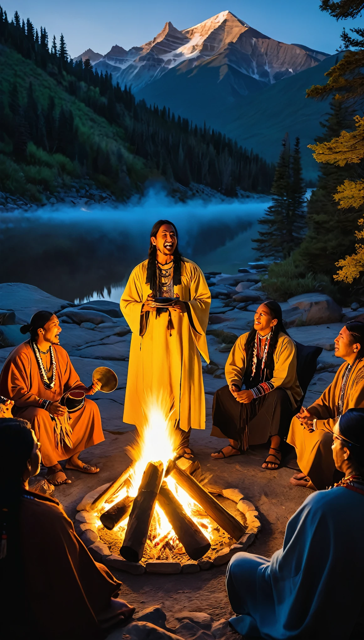 The image shows a shaman holding a tambourine and singing at a microphone in front of a campfire, around which a group of 15 people in traditional Native American dress are seated. The people, seated on blue blankets, are engaged in conversation and enjoying the atmosphere. A shaman in a long robe leads the group using his power and spiritual energy. The campfire is set up on a rocky bank, with mountains and river visible in the background. The sky is sprinkled with stars and the sun shines in the upper right corner, creating a beautiful orange-yellow glow. You can feel the presence of spirits in the air, and the atmosphere is imbued with a sense of enlightenment and happiness. The overall mood of the scene is peaceful and calming.