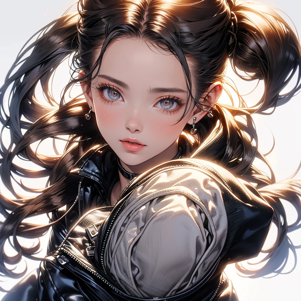 Woman, ponytail, chestnut hair. Silver eyes. Sunlight at dawn. jacket.