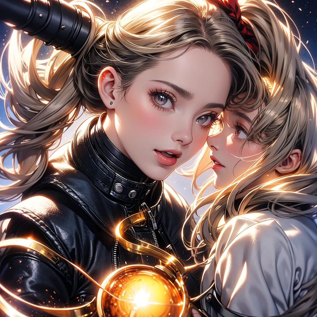 Woman, ponytail, chestnut hair. Silver eyes. Sunlight at dawn. jacket.