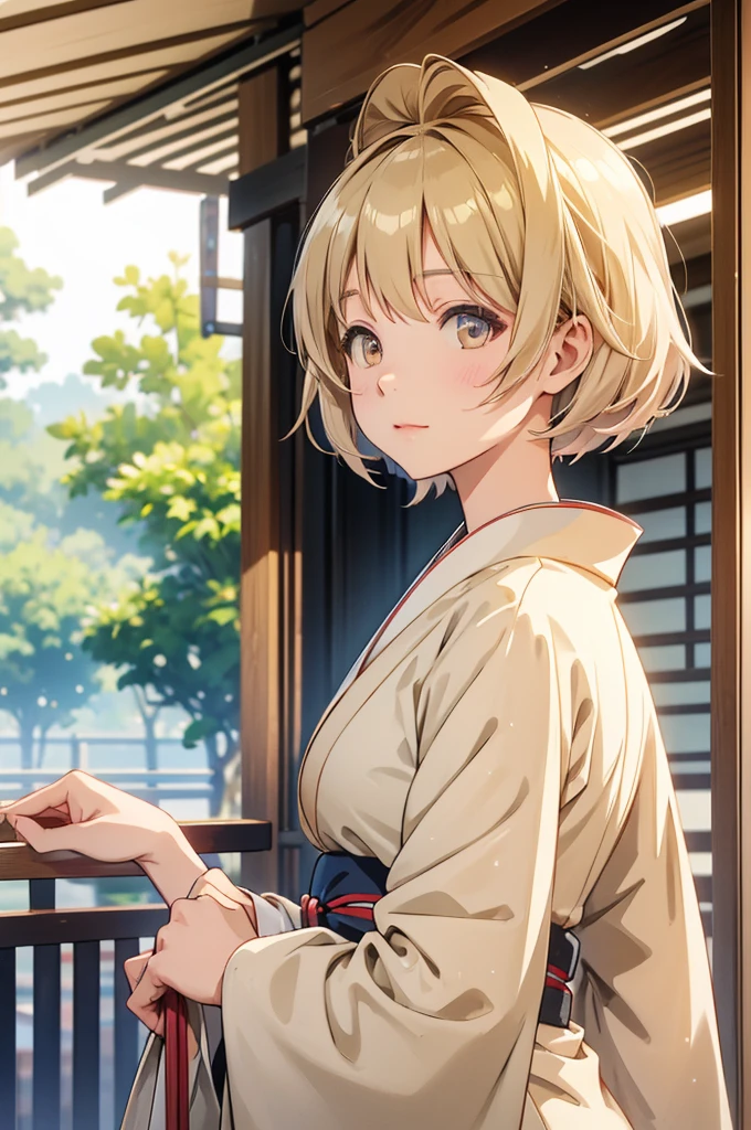 Takanashi hoshino kimono in the morning outdoor  beige colored hair, short hair