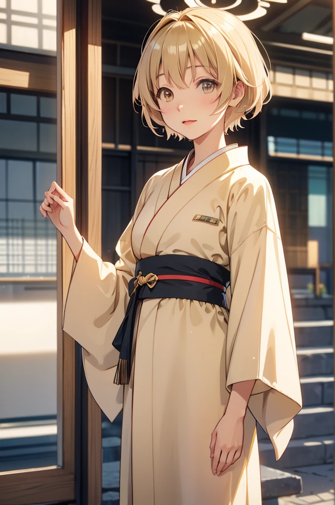 Takanashi hoshino kimono in the morning outdoor  beige colored hair, short hair