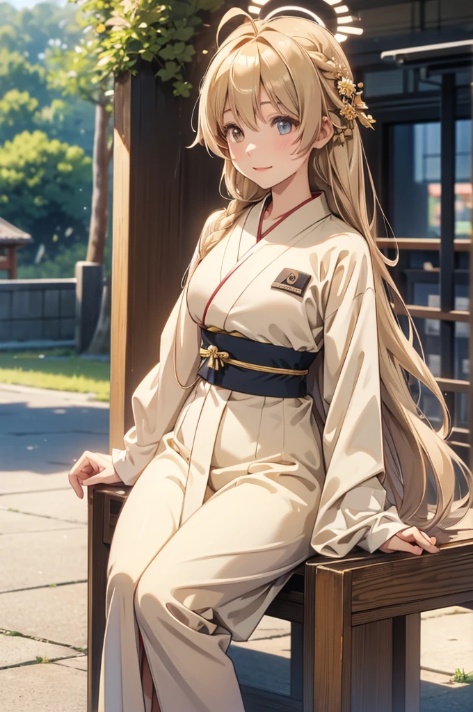 Takanashi hoshino kimono in the morning outdoor  beige colored hair, long hair 