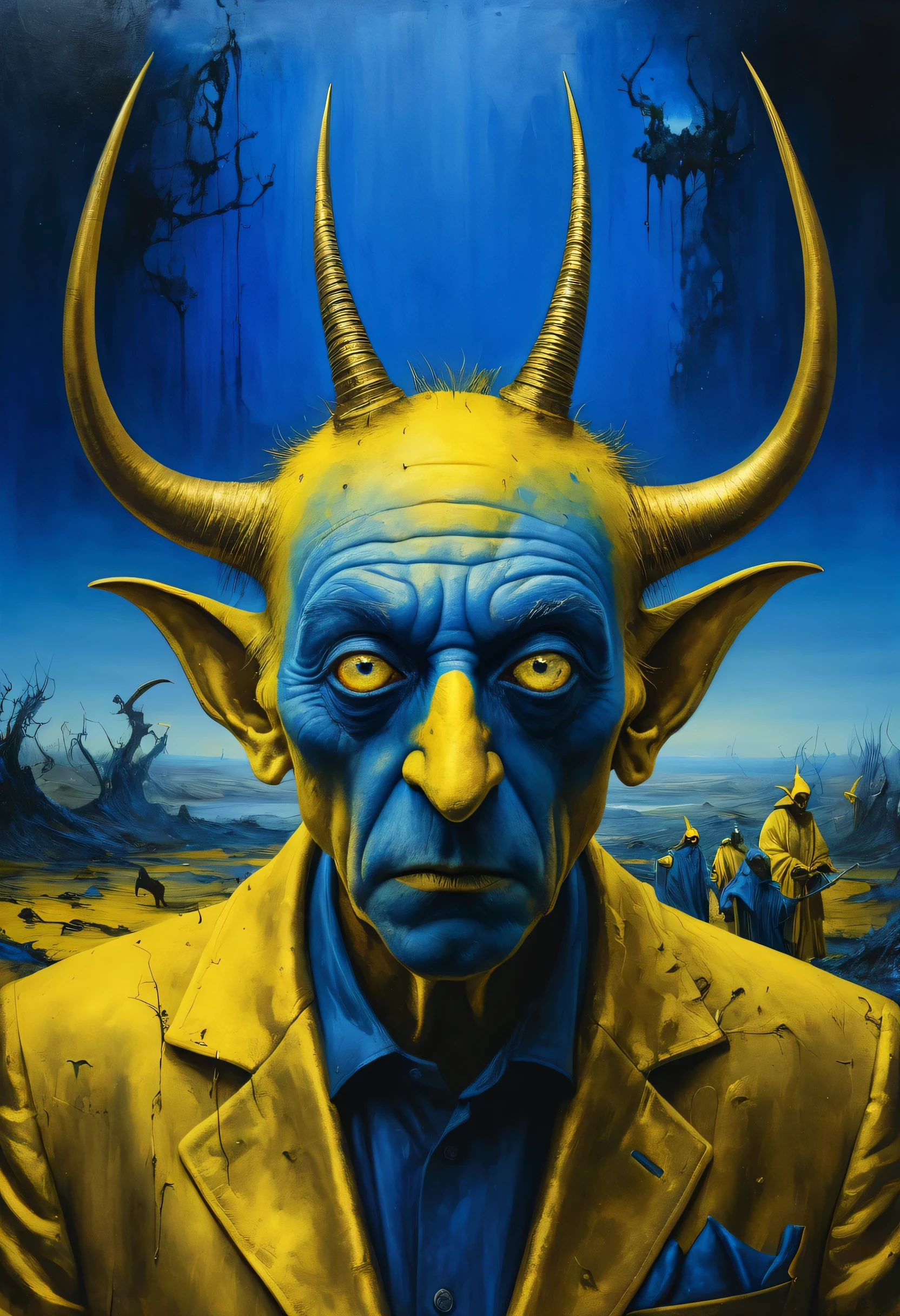 Crazy dream on wastelands beyond fantasy, exploiting a new world coming into his eyes, metallic golden yellow, horror movie scene, dark blue and light yellow, blue and yellow, royal blue and golden yellow, 4D, 8K, photorealistic, dreamlike, fantastic creatures on big and complex composition storytelling, masterpiece, artwork by Hieronymous Bosch, artwork by Jeremy Mann, artwork by Beksinski, artwork by Bernie Wrightson, artwork by René Magrite, Surrealism, Impressionism