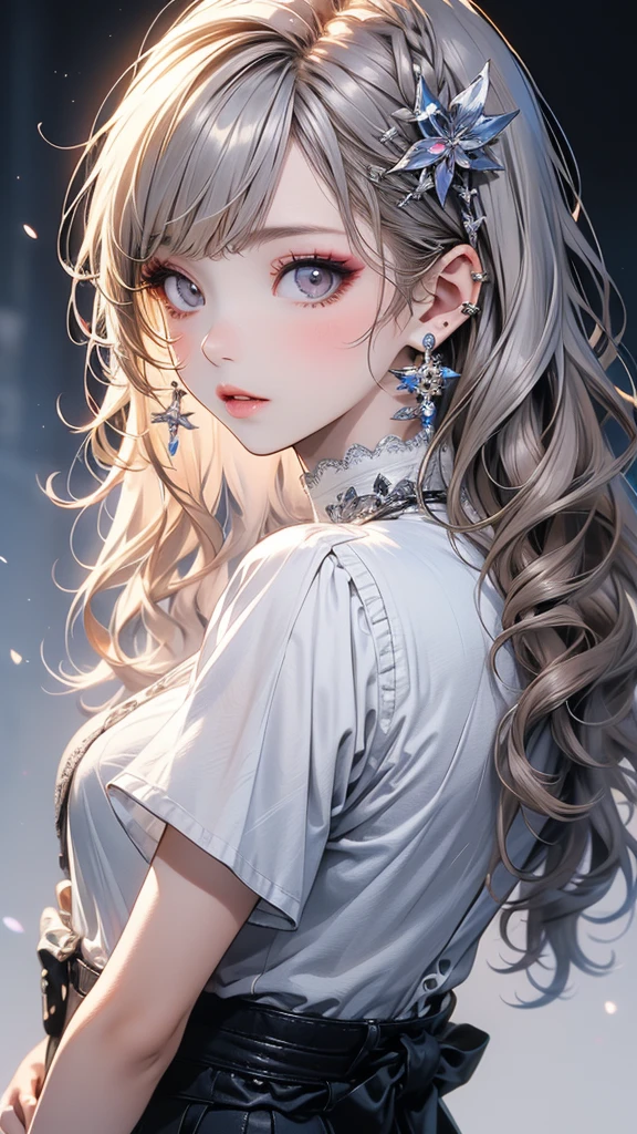 (of the highest quality, masterpiece), A girl, beautiful girl, Brown_look like, ((hair color [Silver hair], [前hairありのピクシーカット] hair)), earrings, Lips, short sleeve,realist, tight waist, charm, colorful makeup, Long look likelashes, White skin, (Beautiful), (detailed face), 詳細ed look like, Detailed iris, 