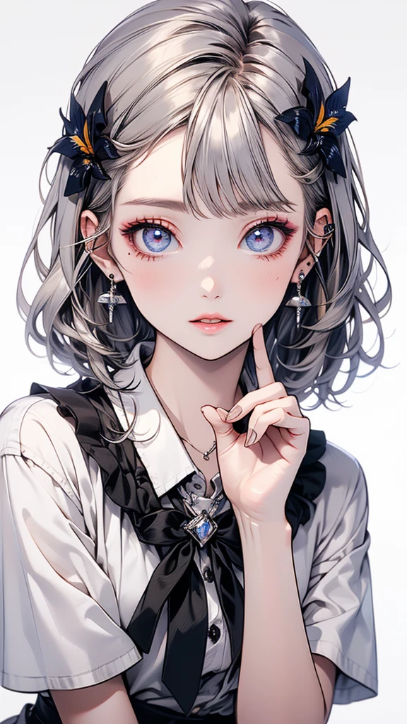 (of the highest quality, masterpiece), A girl, beautiful girl, Brown_look like, ((hair color [Silver hair], [前hairありのピクシーカット] hair)), earrings, Lips, short sleeve,realist, tight waist, charm, colorful makeup, Long look likelashes, White skin, (Beautiful), (detailed face), 詳細ed look like, Detailed iris, 