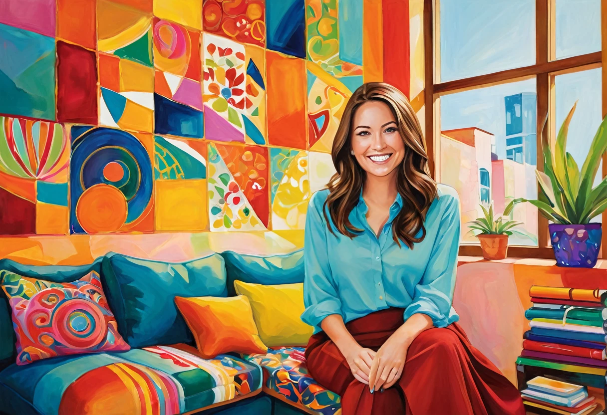 A captivating painting of your office mate, capturing her radiant smile that melts your heart. She is seated in a cozy corner, surrounded by colorful and lively elements. The background is a vibrant blend of warm colors, with abstract shapes and patterns that add depth and energy to the scene. The overall atmosphere of the painting is warm, inviting, and full of life.