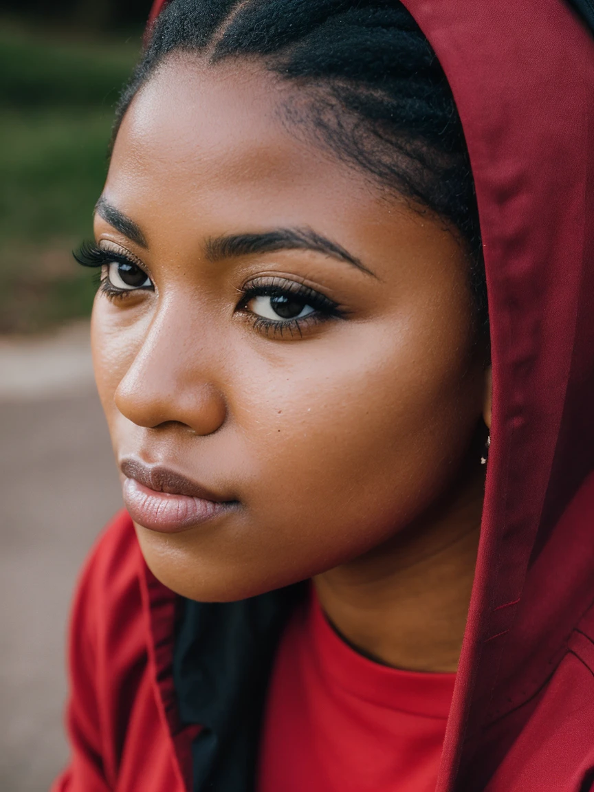 lifestyle photography, photo of a beautiful black woman, Meditative facial expression, red shirt, black cargo pants and combat boots, close up on face, soft lighting, high angle, Shot on a Fujicolor Pro