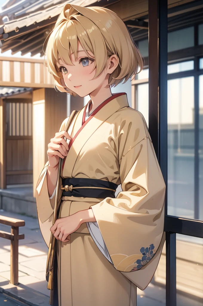 Takanashi hoshino kimono in the morning outdoor  beige colored hair, short hair