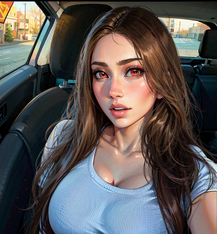 anime girl, white shirt, brunette, perfect face, red eyes