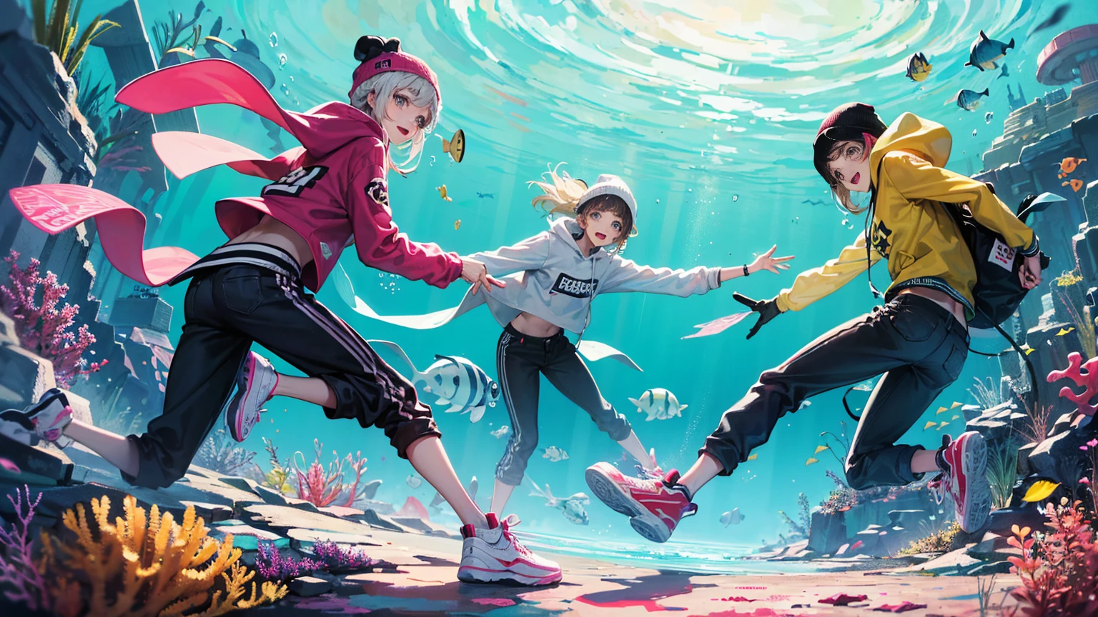 In the vibrant underwater city of Bikini Bottom, SpongeBob SquarePants and Patrick Star are showcasing their unique streetwear styles. SpongeBob, with his usual cheerful expression, is dressed in a trendy oversized hoodie, baggy pants, and high-top sneakers, complete with a stylish cap turned backwards. Beside him, Patrick Star is rocking a colorful graphic tee, ripped jeans, and a pair of fashionable sneakers, topped off with a beanie. The bustling, lively environment of Bikini Bottom serves as the perfect backdrop, with the duo striking playful poses amidst the familiar sights of jellyfish fields and quirky sea creatures, capturing a fun blend of their underwater world with urban fashion.
