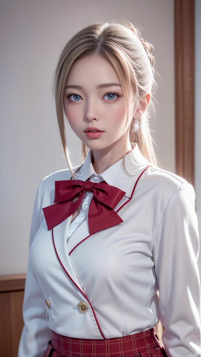最高品質のwork,actual work,Ultra Premium Graphics,8K HD CG Operation,High quality graphics,고화질 CG work,10x pixels,Extremely fine detail:1.1,Advanced Technical Details:1.1 Real,(階段に足を組んで座っているgirl)Natural light:1.5. Lighting Effects(virtual Lighting Effects:1.8),Wet長いSilver Hair,Silver Hair,Transparent Hair,Hair with attention to detail(Premium Hair Detail:1.1)Clear Eyes,The double eyelids are beautiful,Sharp eye makeup, Delicate eyelash makeup, Thin eyebrows, Very fine grain,High nose, I like red lips, Rose Cheek, A face with subtle makeup , Cute Face, Perfectly balanced face,(Advanced Face Detail:1.1),The Shining,very coolドレス,Bright Red Series,((Front open wet white blazer)) 、(透け感のあるWet白いブラウス)、(Red bow tie)、(Wet Check Skirt)、、girl 、photo shoot,woman'work,Full body portrait,realism,very cool,My eyes are shining today too、(8. she'that'Wet)),(Sudden rain、Wind),(Windでスカートが舞い上がる),(I can see your pants)、
