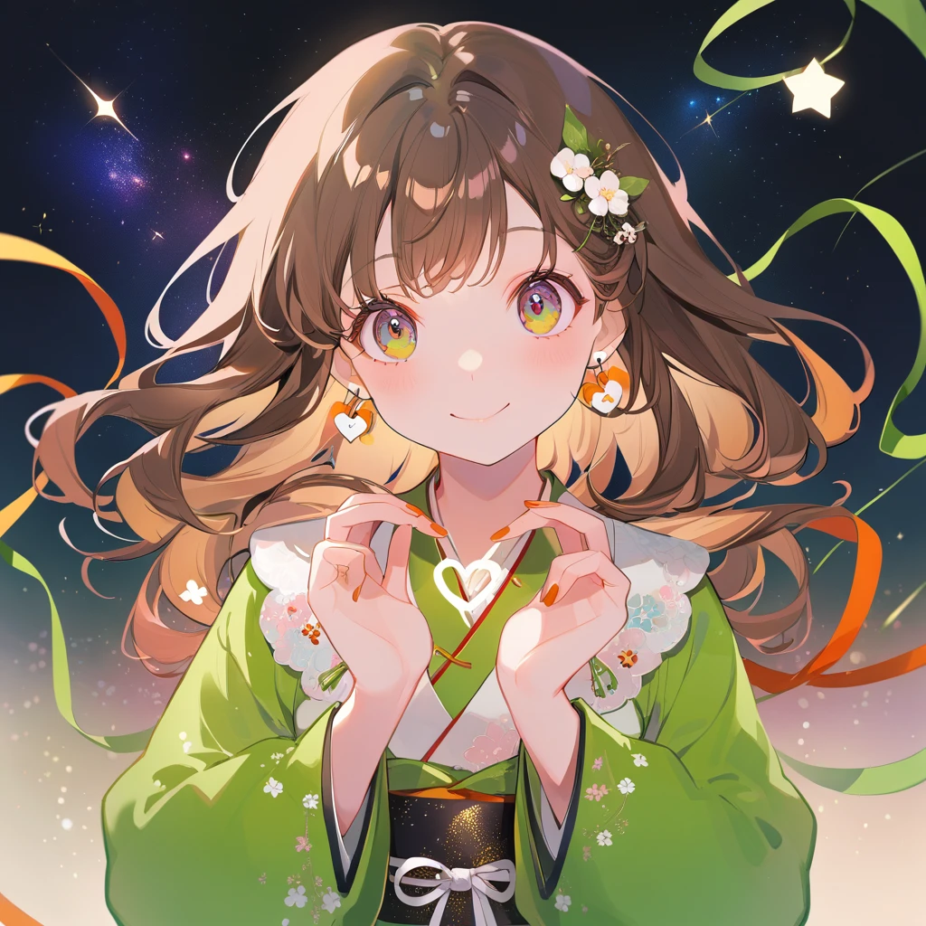The anime avatar is of an adorable girl with long brown hair, wearing green and white attire adorned with stars. She has big eyes that sparkle in her innocent face. The background features in Japanese characters, along with other decorative elements like raindrops and a starry sky. Her expression exudes happiness as she holds up two fingers while making heart symbols with both hands.