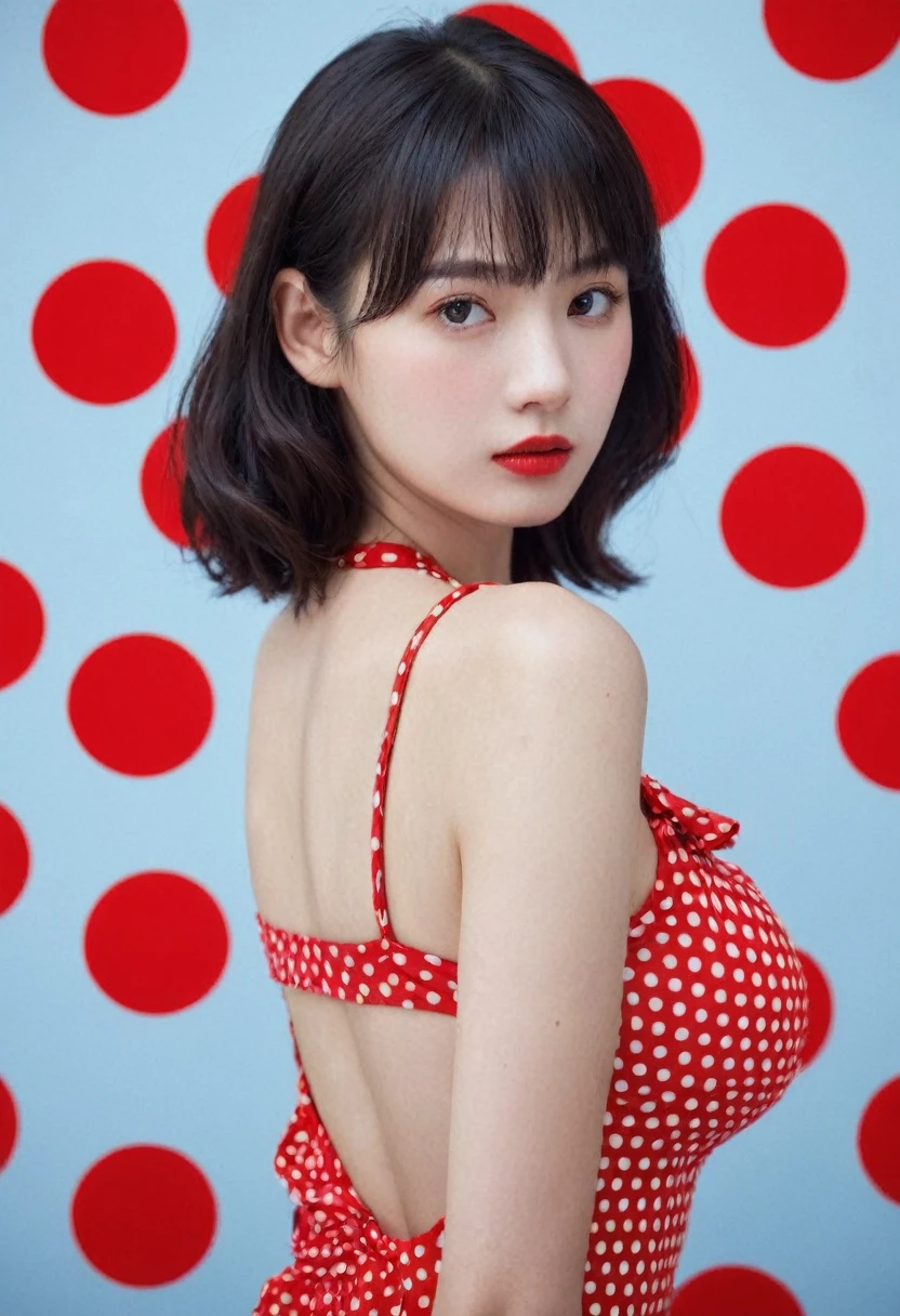 Shiny,Vague,red polka dots,grid,1 girl,fair