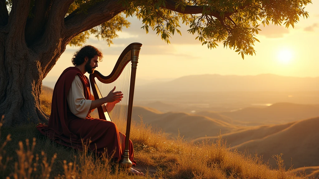 Create a hyper-realistic movie scene that depicts King David in a rustic and majestic setting, sitting on a hill in the shade of a leafy tree. He&#39;s playing his harp, with a calm and deep expression, while the sun&#39;s rays filter through the leaves, lighting up your face. Ao fundo, a vast panorama of the Israeli landscape, with mountains and valleys. Dressed in traditional period costumes, David is represented as a strong young man, with wavy hair and an aura of serenity and wisdom. The scene should convey a sense of peace and spirituality, with soft sounds of the harp echoing in the air.